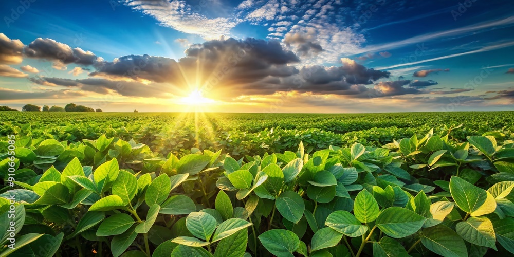 Vibrant green soybean plants stretch towards the sky, basking in warm sunlight, in a serene and lush agricultural field on a sunny day. Vibrant green soybean plants stretch towards the sky, basking in warm sunlight, in a serene and lush agricultural field on a sunny day.