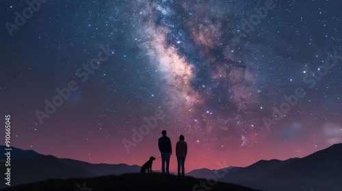 Group with dog, Milky Way over hills, 3D rendering, realistic, soft lighting