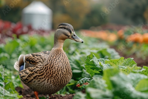 Duck in a leafy vegetable garden