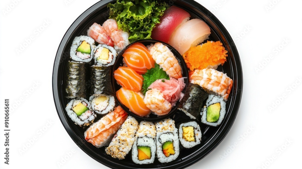 Assortment of Sushi Rolls in a Black Takeaway Container Assortment of Sushi Rolls in a Black Takeaway Container