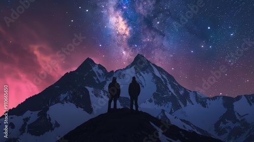 Friends and dog, mountain Milky Way, photo-realistic, high contrast, crisp night sky