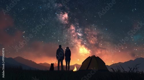 Wallpaper Mural Group of campers with dog, Milky Way backdrop, 3D rendering, realistic, warm campfire light Torontodigital.ca