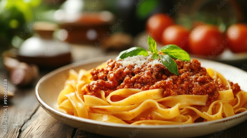 Close-Up of Fettuccine with Bolognese Sauce and Basil Close-Up of Fettuccine with Bolognese Sauce and Basil