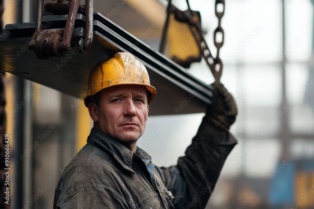Portrait of a steelworker lifting steel plates with a crane, Generative AI Portrait of a steelworker lifting steel plates with a crane, Generative AI