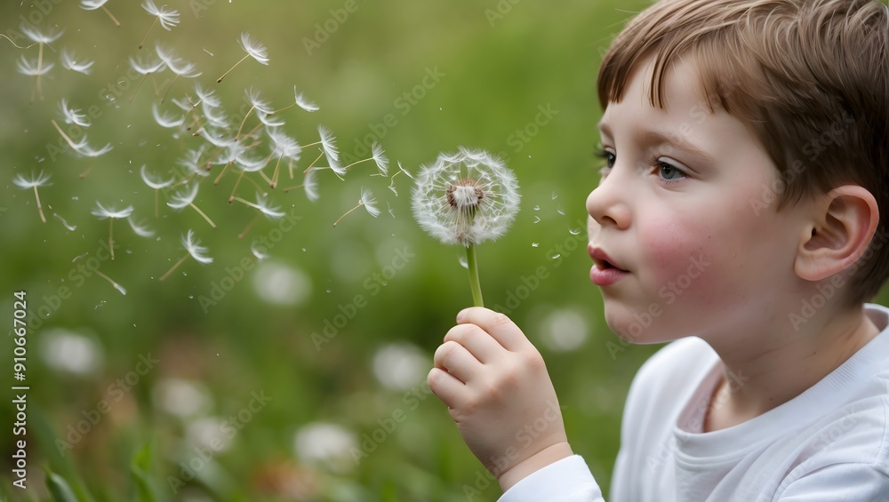Kid blowing dandelion outdoor on green. Ai Generative. Kid blowing dandelion outdoor on green. Ai Generative.