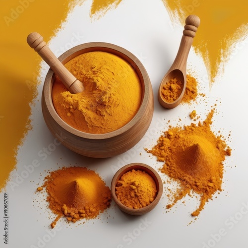 Turmeric powder pile in wood bowl and scoop isolated on white background
 photo