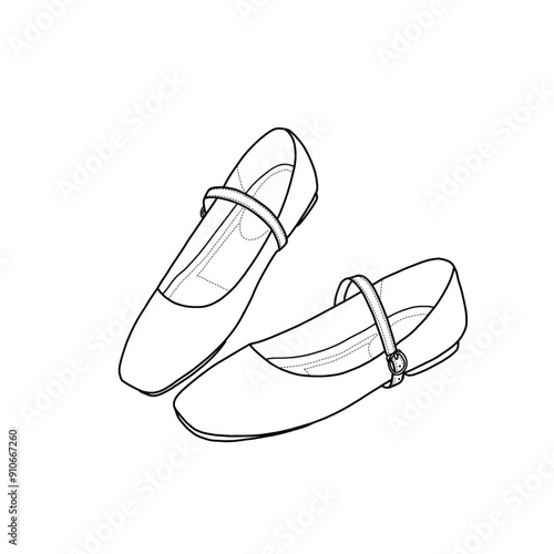 Template vector mary jane shoes, square toe ballet flats with strap hand-drawn collection, suitable for your custom mary jane shoes design. Outline vector doodle illustration