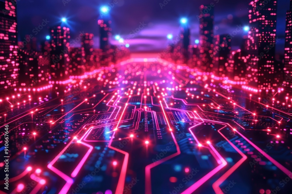Fototapeta premium Cyberpunk Cityscape with Glowing Circuitry