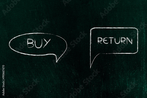 buy and return speech bubbles, marketing and shopping, customer spending and unsuccessful products concept