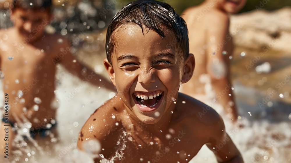 Summer Splash: A boy's infectious laughter echoes through the air as he splashes in a crystal-clear stream on a sunny day, capturing the pure joy and freedom of childhood. Summer Splash: A boy's infectious laughter echoes through the air as he splashes in a crystal-clear stream on a sunny day, capturing the pure joy and freedom of childhood.