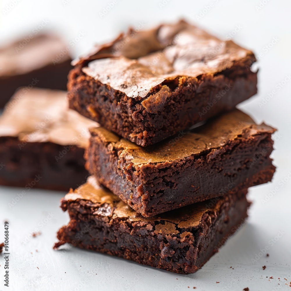 Four chocolate brownies stacked on a white surface. Four chocolate brownies stacked on a white surface.