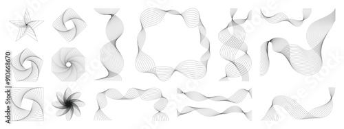 Hand drawn abstract blend line element vector set. Aesthetic contemporary stripe line art, wavy, curve in monochrome. Art form design for wall art, decoration, wallpaper.