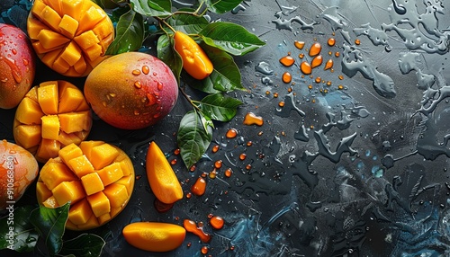 Fresh, wet mangoes and sliced mango with leaves on a dark surface photo