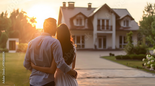 A young couple embracing in front of their new home at sunset, celebrating their achievement of homeownership.