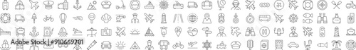 Signs of tourism, travel, vacation, aviation for Shops and Stores. Suitable for books, stores, shops. Editable stroke in minimalistic outline style. Symbol for design