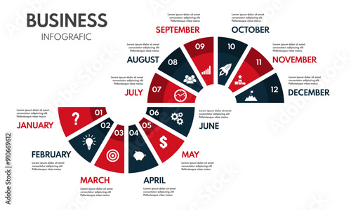 12 months or steps cycle diagram, whole year strategy plan or project timeline, red and black two colors vector infographic template with business icons