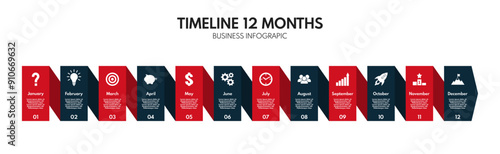 12 months or steps diagram, year strategy plan or project timeline, red and black two colors vector infographic template with business icons