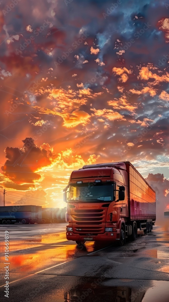 Modern logistic cargo truck with sunset view Modern logistic cargo truck with sunset view