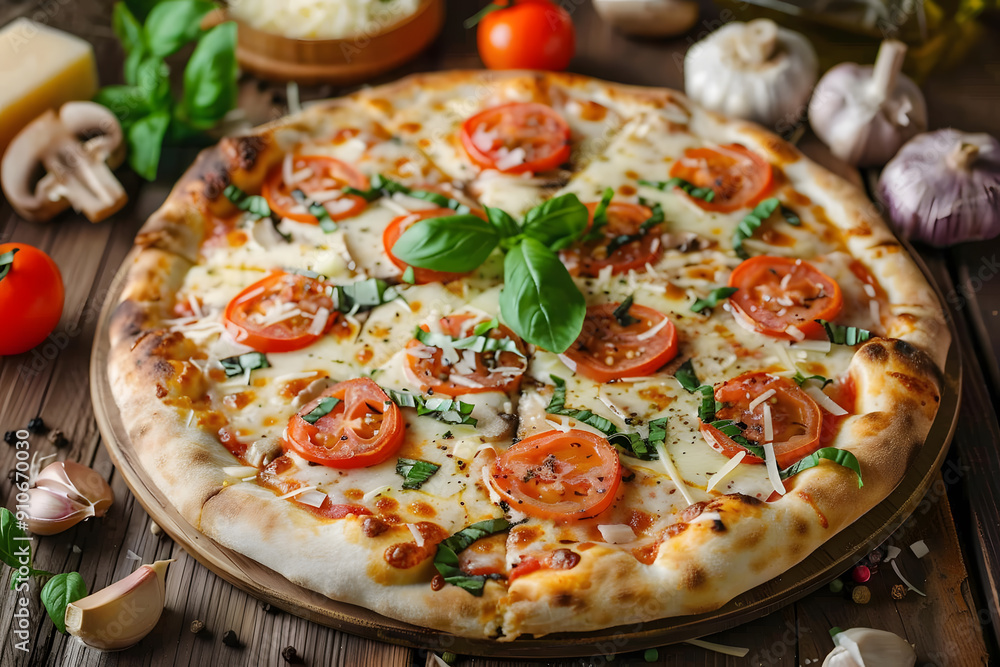 Gourmet pizza topped with truffle oil, fresh basil, and tomatoes. Rustic kitchen setting. Gourmet pizza topped with truffle oil, fresh basil, and tomatoes. Rustic kitchen setting.
