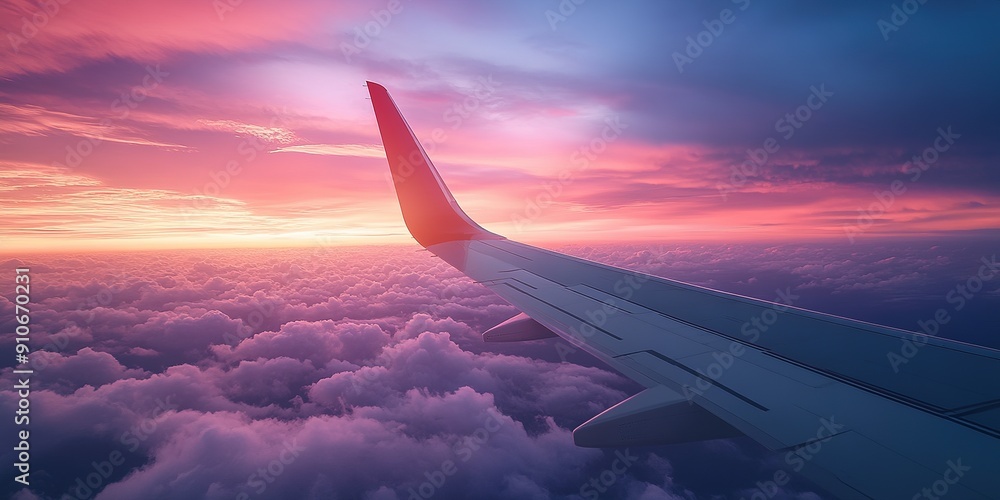 Airplane Wing Above Pink Clouds at Sunset Airplane Wing Above Pink Clouds at Sunset