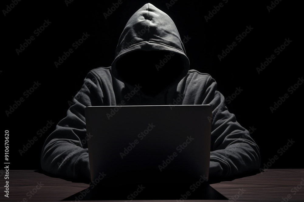 Anonymous hacker with black hoodie working on computer laptop Anonymous hacker with black hoodie working on computer laptop