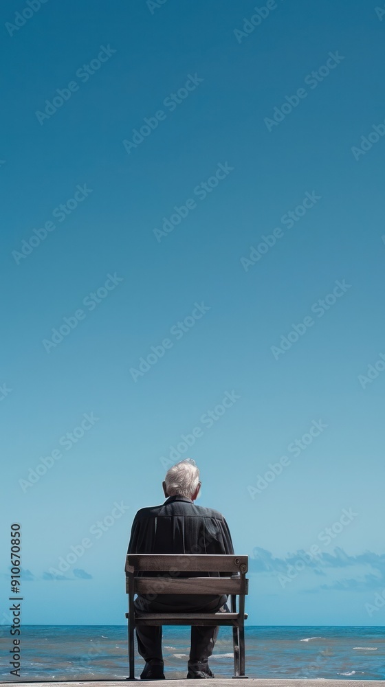 Fototapeta premium old man sitting alone , retirement conceptual image, minimalist, beautiful, centered,