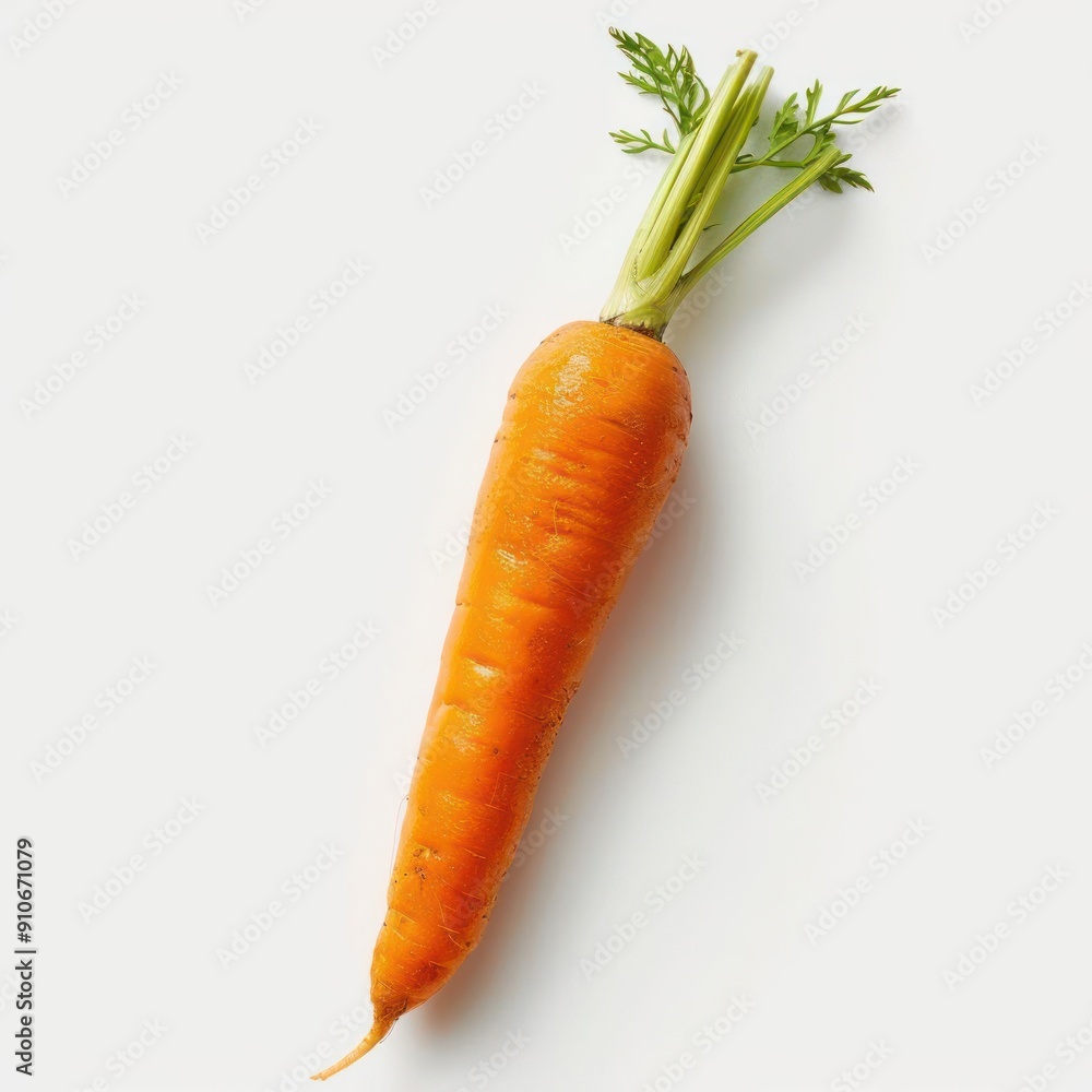 A vibrant orange carrot on a white background, with green top and stem.
