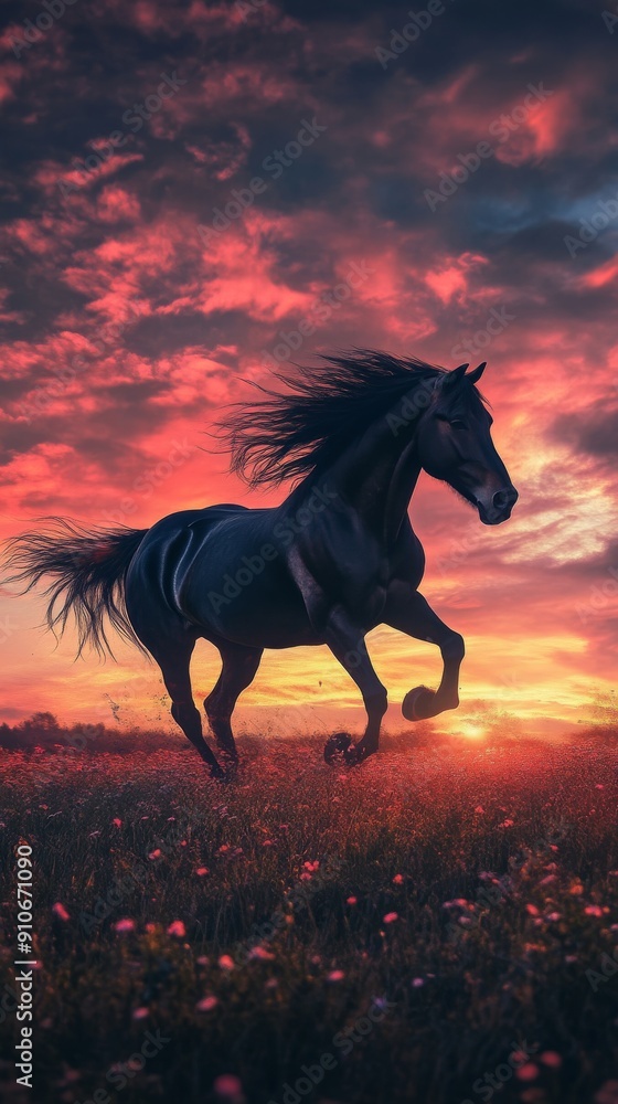 Majestic black horse galloping in a field Majestic black horse galloping in a field