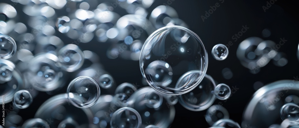 Close-up of floating bubbles, showcasing their translucent texture and delicate reflections against a dark background. Close-up of floating bubbles, showcasing their translucent texture and delicate reflections against a dark background.