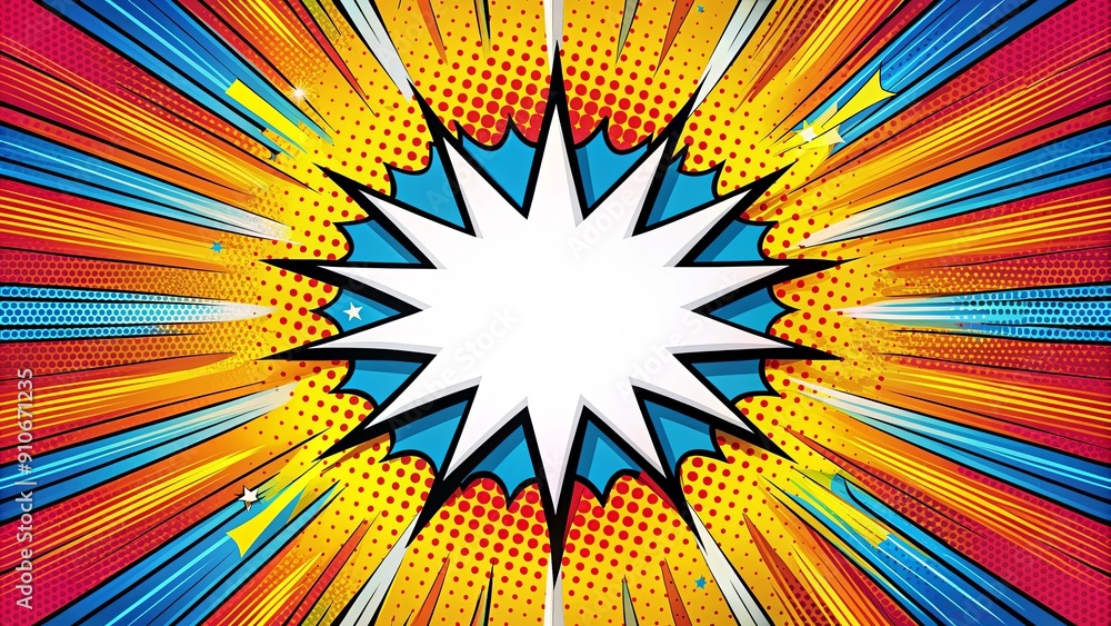 Fototapeta premium Colorful comic book pow explosion, retro, dynamic, vibrant, action, explosion, comic book, kapow, POW, retro style, colorful