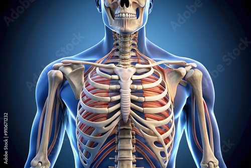 Detailed illustration of the human pectoral girdle skeletal system, showcasing scapula, clavicle, sternum, and associated bone joints, highlighting anatomical structures in precise detail.