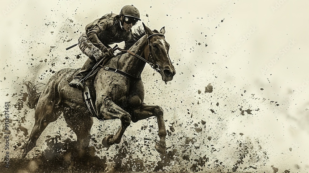 Fototapeta premium A horse is running in a muddy field