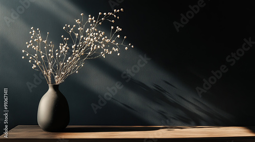 Minimalist black wall background with vase of dried flowers