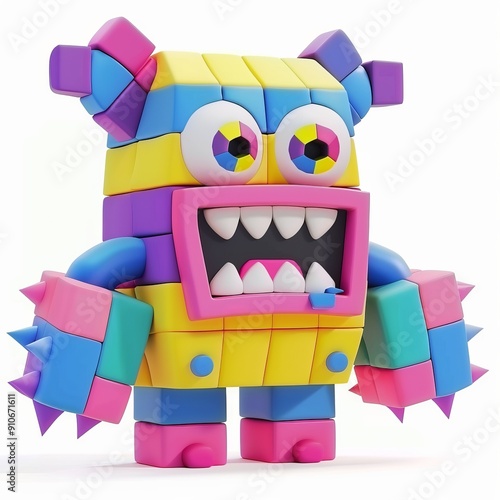 3D Render, Low Poly style of Colorful Toy Block Monster, on isolated white background, Generative AI photo