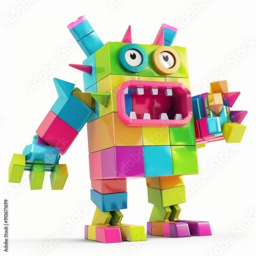 3D Render, Low Poly style of Colorful Toy Block Monster, on isolated white background, Generative AI photo