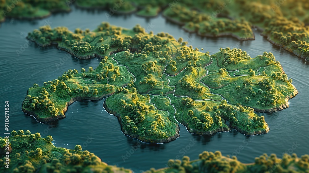 A lush green island with a body of water in the background A lush green island with a body of water in the background