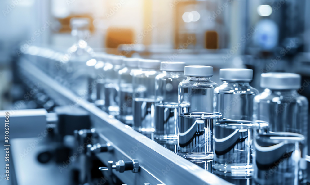 A production line in a pharmaceutical factory with multiple glass A production line in a pharmaceutical factory with multiple glass