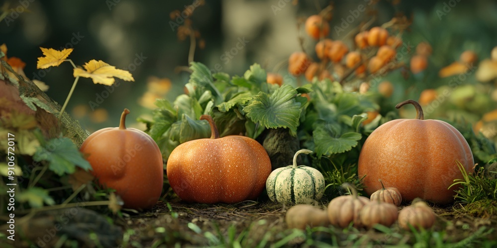 Autumn Harvest: A trio of plump pumpkins rest amongst the leafy foliage, bathed in the warm glow of the setting sun. The scene whispers of autumn's bounty Autumn Harvest: A trio of plump pumpkins rest amongst the leafy foliage, bathed in the warm glow of the setting sun. The scene whispers of autumn's bounty