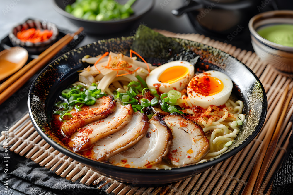 Steaming spicy ramen with pork, egg, and chili flakes beside matcha mousse on a Japanese table Steaming spicy ramen with pork, egg, and chili flakes beside matcha mousse on a Japanese table
