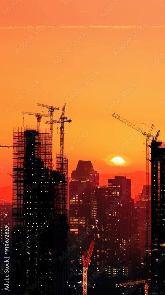 Conceptual image of a city skyline under construction with cranes and scaffolding illuminated by sunset. Conceptual image of a city skyline under construction with cranes and scaffolding illuminated by sunset.