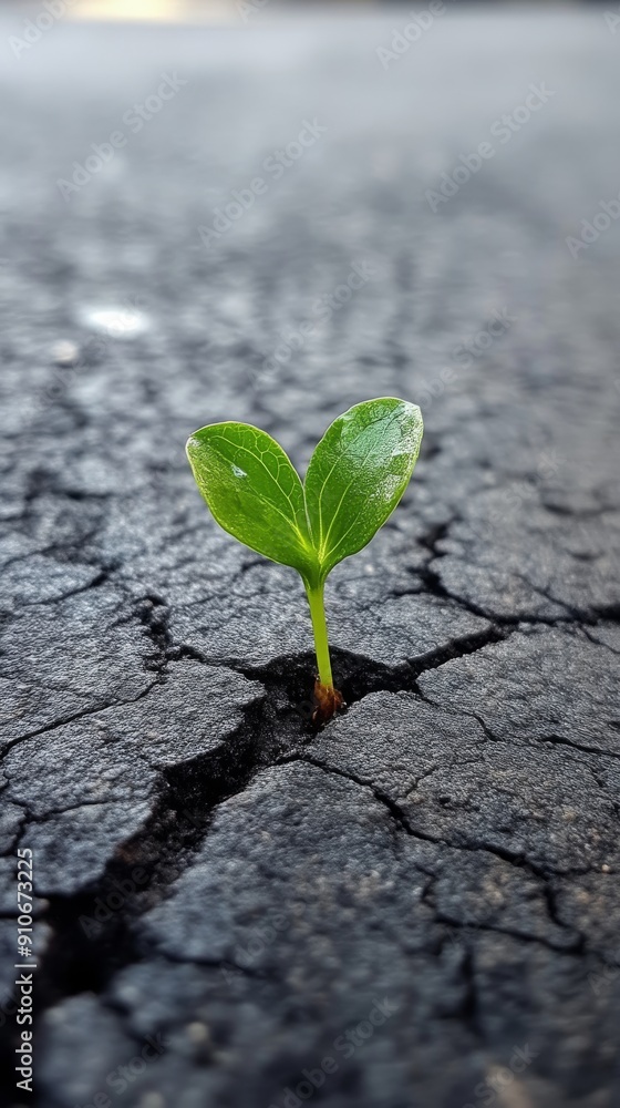 Green seedling growing through cracked asphalt Green seedling growing through cracked asphalt