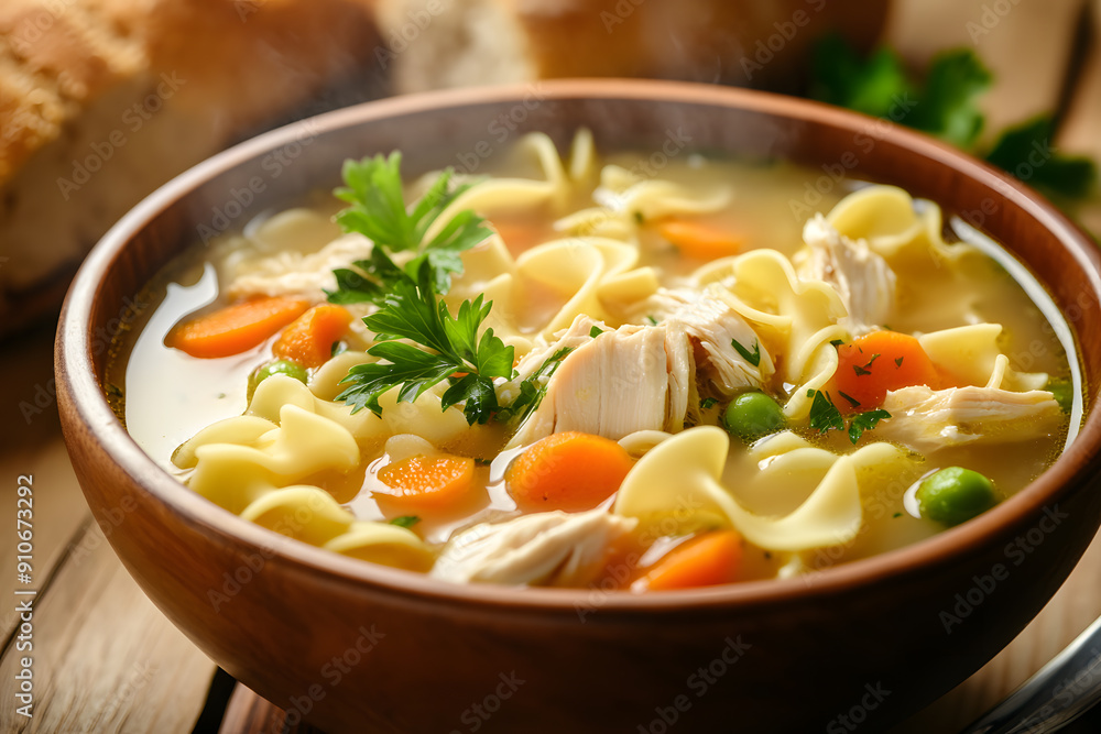 Hearty chicken noodle soup with tender chicken, egg noodles, and vegetables on a rustic kitchen table with crusty bread Hearty chicken noodle soup with tender chicken, egg noodles, and vegetables on a rustic kitchen table with crusty bread