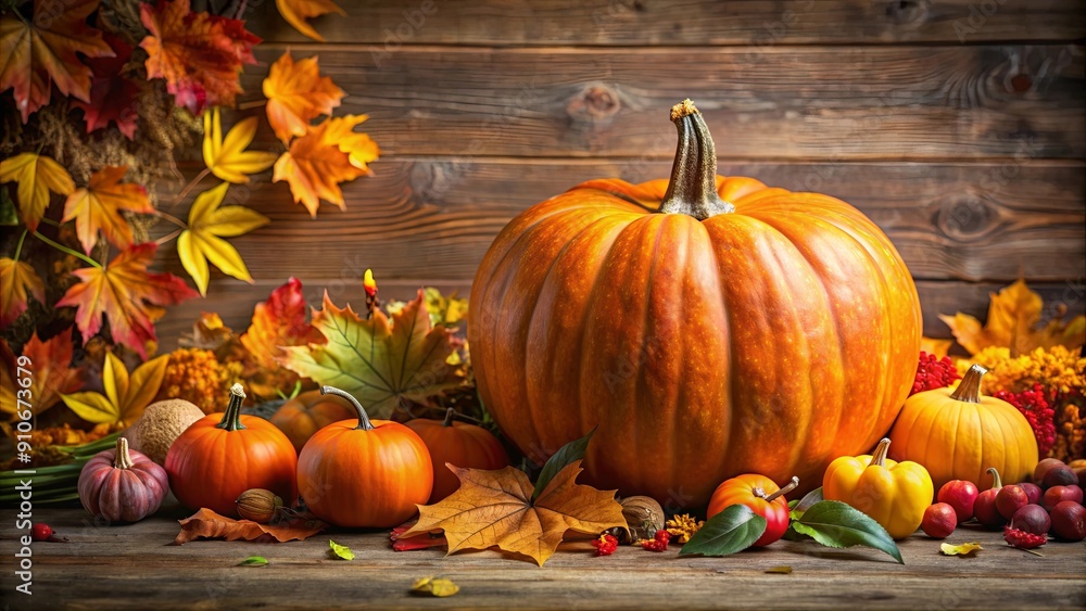 Still life of autumn harvest featuring a large pumpkin surrounded by colorful leaves and gourds, pumpkin, autumn, harvest Still life of autumn harvest featuring a large pumpkin surrounded by colorful leaves and gourds, pumpkin, autumn, harvest