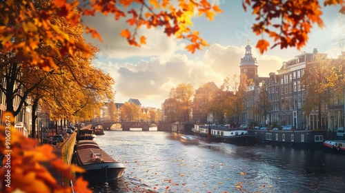 Panoramic autumn view of Amsterdam city. Famous Dutch channels and great cityscape. Colorful morning scene of Netherlands, Europe. Traveling concept background which is very good