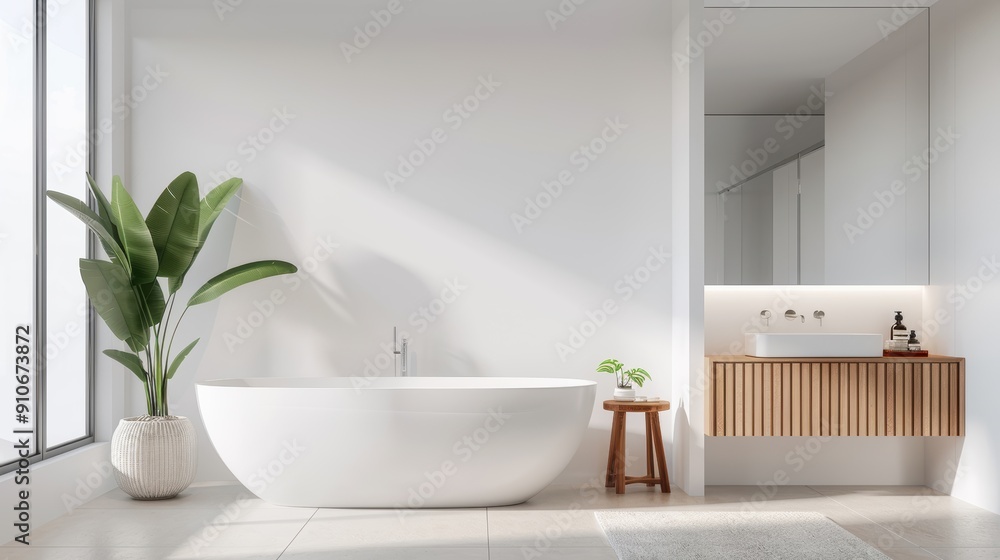 Modern bathroom featuring a white freestanding tub, elegant decor, and natural light, creating a serene and stylish retreat. Modern bathroom featuring a white freestanding tub, elegant decor, and natural light, creating a serene and stylish retreat.