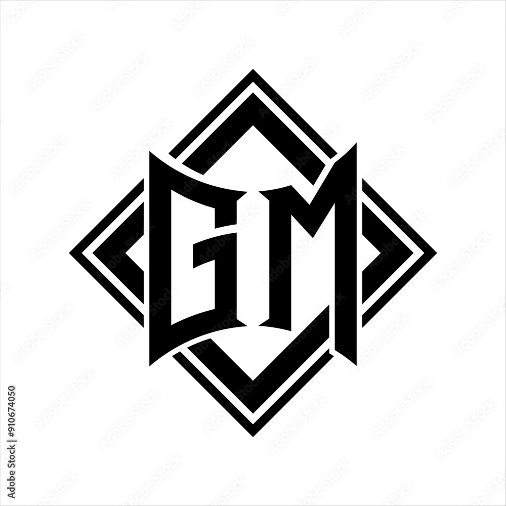 GM Letter logo with abstract shield shape with square black outline on white background design GM Letter logo with abstract shield shape with square black outline on white background design