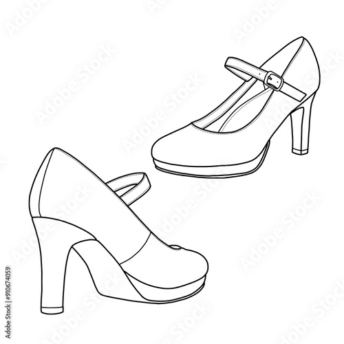 Template vector mary jane shoes with buckle, close-toe classic high heels round toe hand-drawn collection, suitable for your custom mary jane shoes design. Outline vector doodle illustration