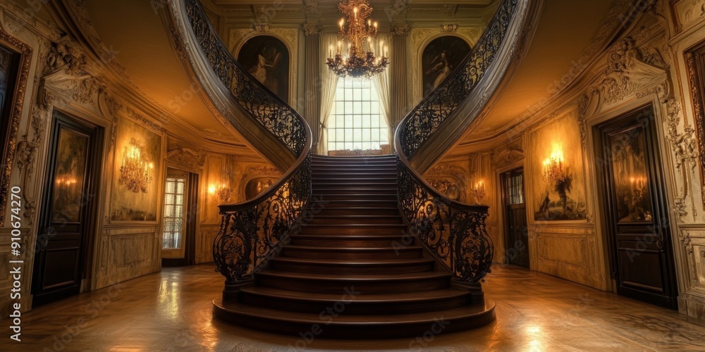 Large curved staircase with intricate iron railings inside a majestic old mansion. Large curved staircase with intricate iron railings inside a majestic old mansion.