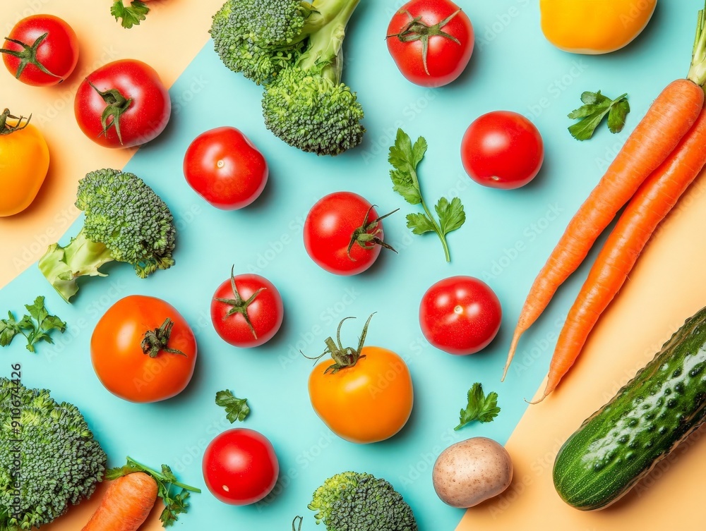 A vibrant mix of vegetables including cherry tomatoes, carrots, and broccoli on a pastel-colored background, creating a modern and playful look A vibrant mix of vegetables including cherry tomatoes, carrots, and broccoli on a pastel-colored background, creating a modern and playful look
