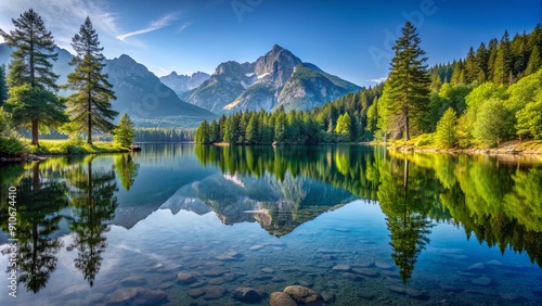 Fototapeta Naklejka Na Ścianę i Meble -  Beautiful lake with tree reflections in the mountain scenery, nature, scenery, lake, trees, reflection, mountains, serene